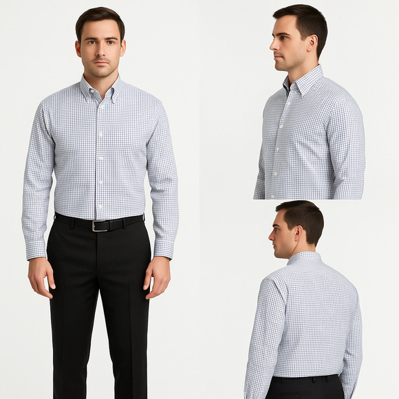 Mens Blue White Long Sleeve Button Down Collared Checkered Pattern Dress Shirt - Picture 1 of 5